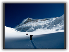Breaking trail in deep snow to Camp I