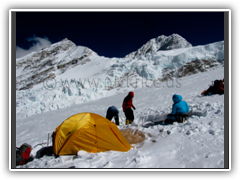 Climbers setting up tents in Camp I